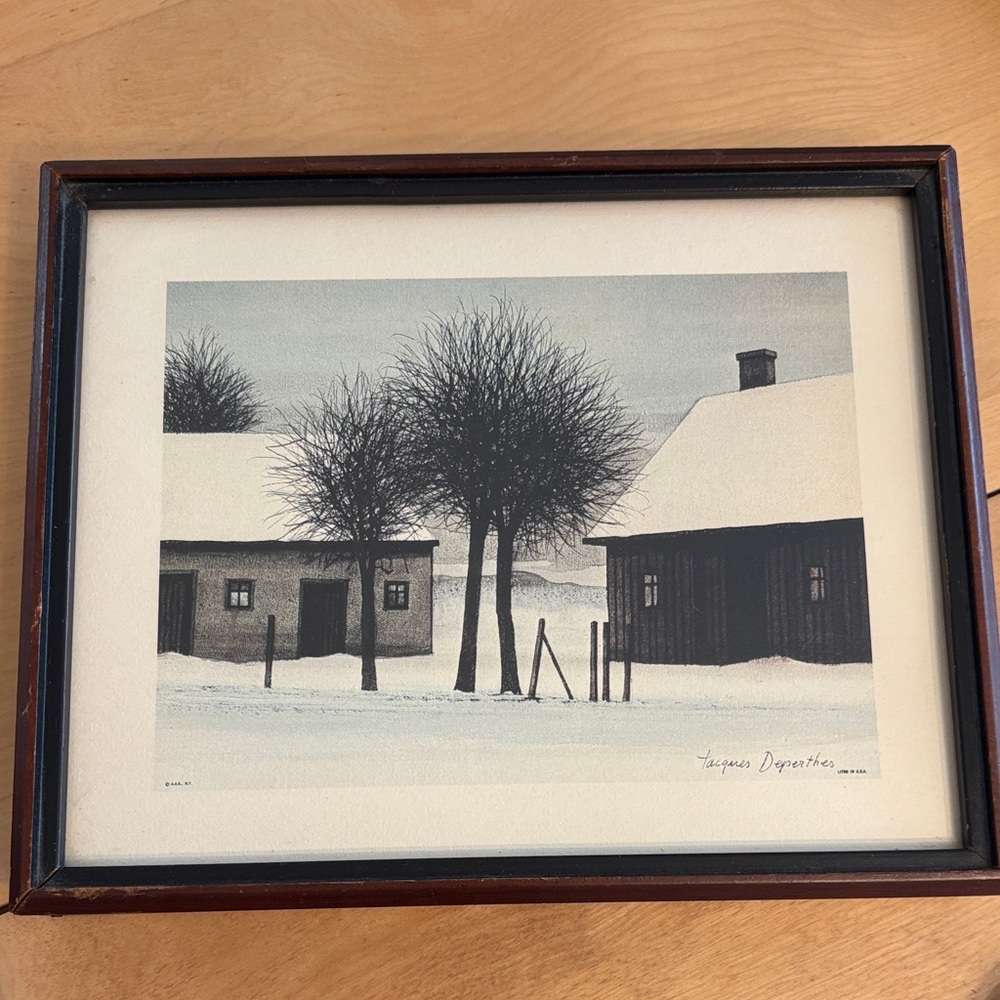 Framed Winter Landscape Lithograph by Jacques Deperthes.